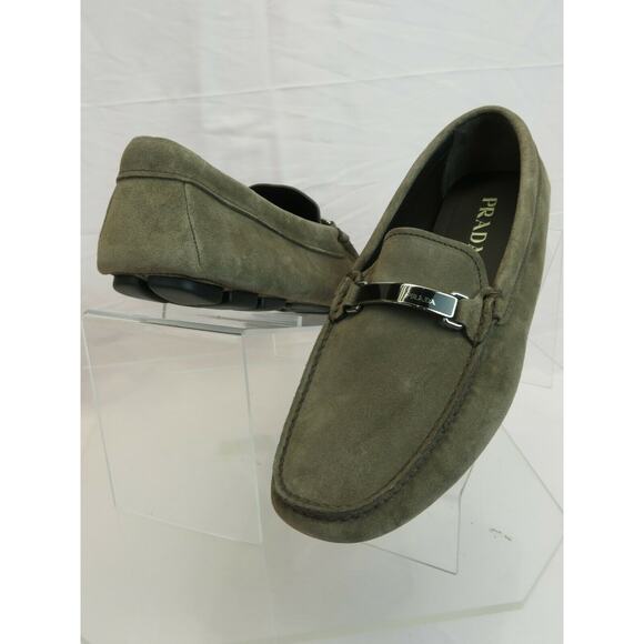 PRADA 2DD159 KHAKI FUMO SUEDE LOGO DRIVING MOCCASINS LOAFERS 8 / US 9 ITALY - Picture 1 of 12